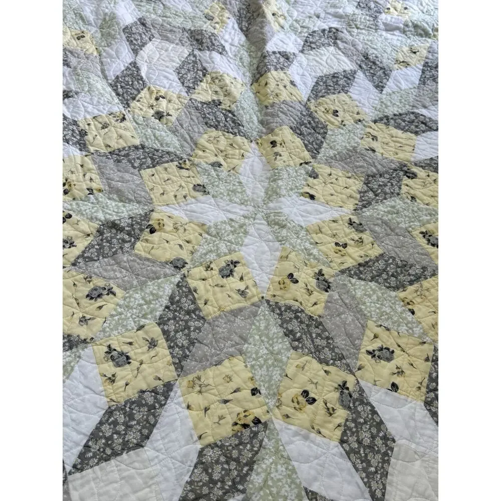 Martha Stewart Star Quilt King Size Cotton Quilt Yellow White (2) Shams Cottage